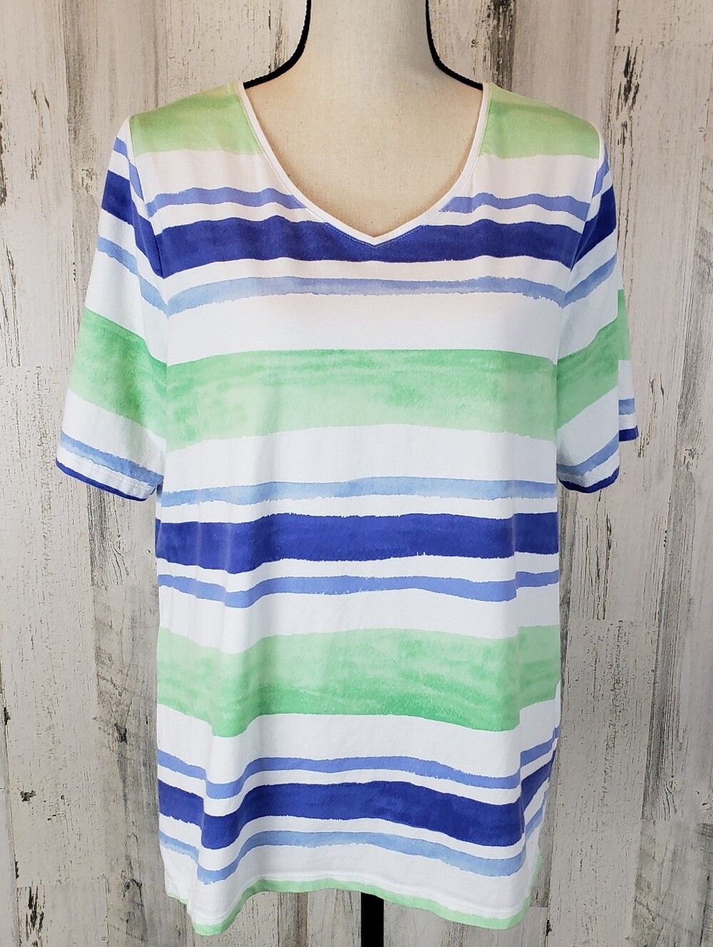 Talbots Blue, Green & White Striped V-Neck Short Sleeve Top Size 1X